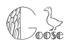 Stylized black line drawing of a goose and the word "Goose" lettered with a very big G, and the wide parts of the letters filled with a pattern based on feathers