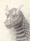 Portrait of a dragon with two pairs of horns and diamond-shaped scales.