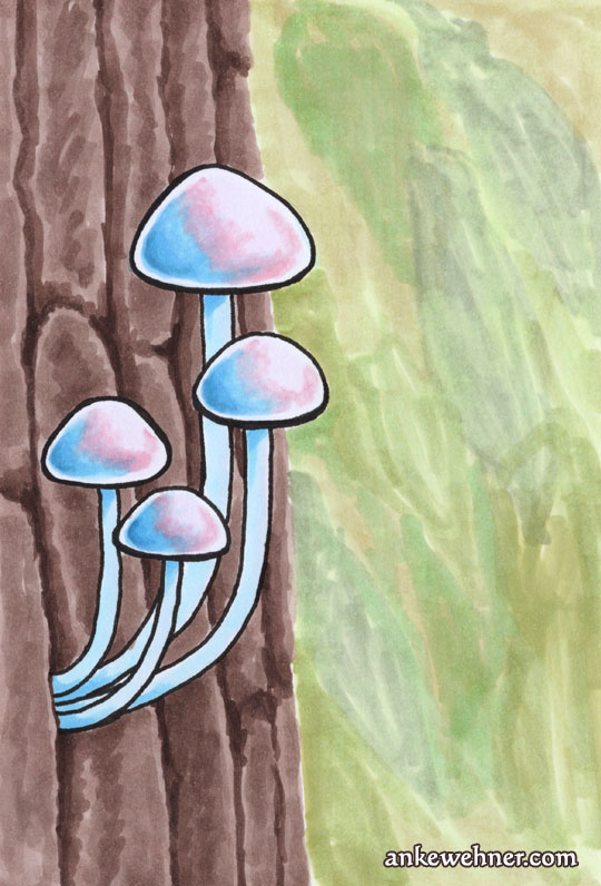 Pink and blue mushrooms with thin stems grwing from a crack in tree bark.