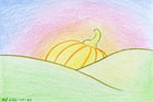 Colour pencil drawing in pastel colours showing a pumpkin rising over green hills like the morning sun.
